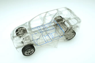 Transparent vehicle cutaway illustration displaying internal mechanical, electrical, and chassis systems from overhead perspective