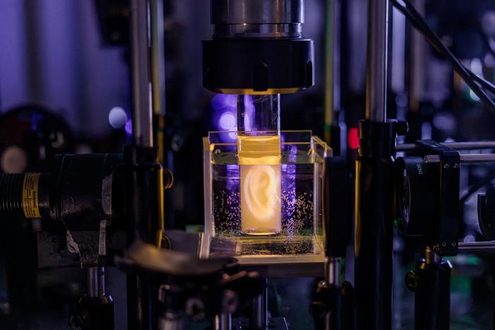 Holographic projection of a human ear model on a sample vial.