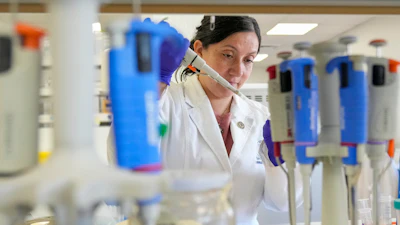 María Inés Barría, a virologist at the Universidad San Sebastián, works at the university, in Santiago, Chile, Wednesday, May 20, 2026.