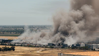 Smoke is seen from the massive fire at the Medline medical supply warehouse in Tracy, Calif., Friday, June 12, 2026.