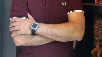 Benjamin Sanchez Teronnes wearing a prototype of the wearable device he developed for monitoring blood pressure.