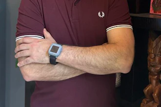 Benjamin Sanchez Teronnes wearing a prototype of the wearable device he developed for monitoring blood pressure.