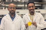 Professor Tizazu Mekonnen (left) and PhD student Aklilu G. Messele holding the flexible polymer material developed to replace the lead in heavy X-ray aprons.