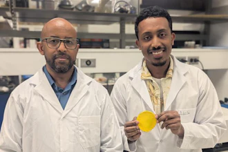 Professor Tizazu Mekonnen (left) and PhD student Aklilu G. Messele holding the flexible polymer material developed to replace the lead in heavy X-ray aprons.