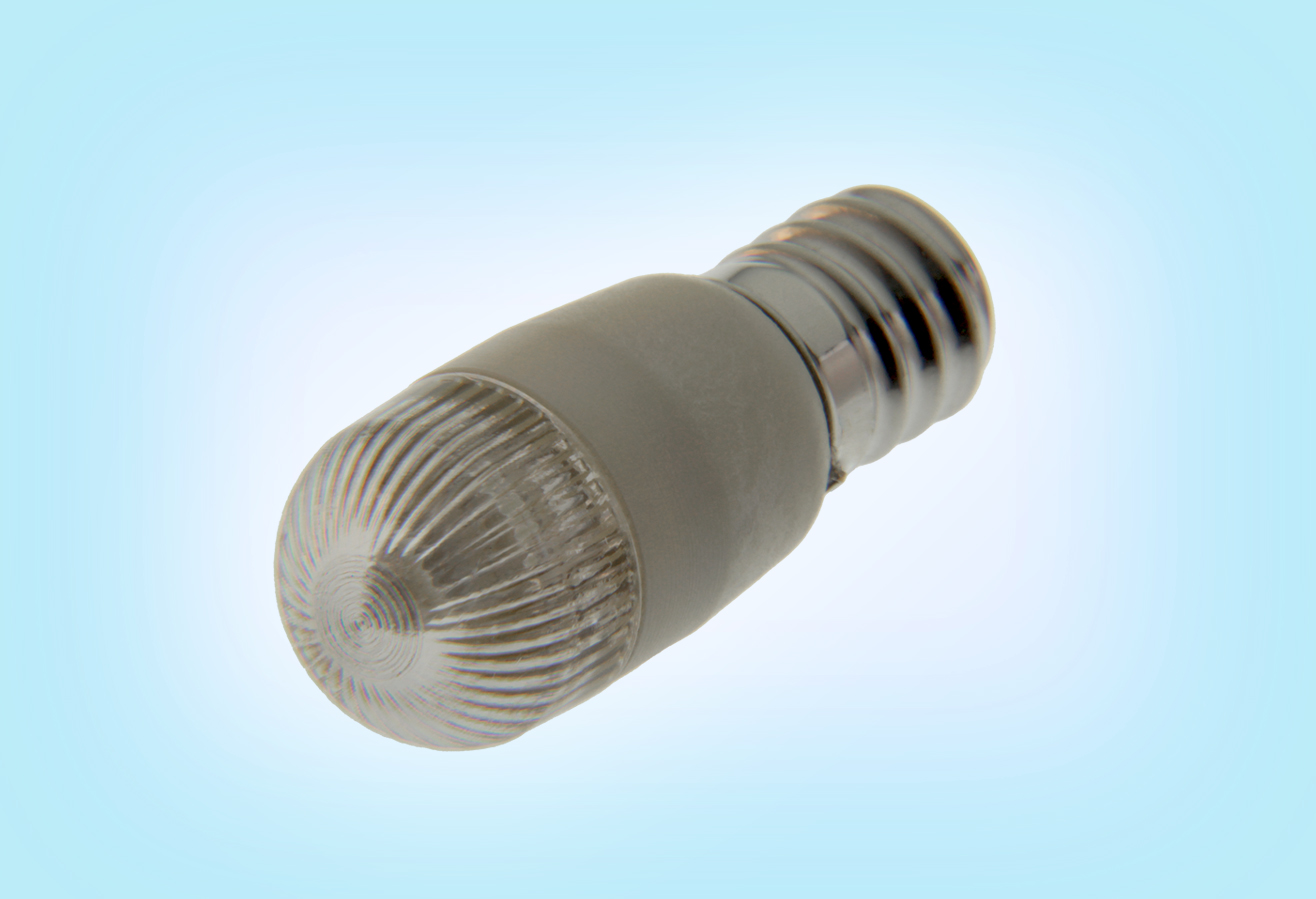 Clear LED light bulb with white base and threaded socket on light blue background