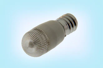 Clear LED light bulb with white base and threaded socket on light blue background