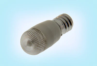 Clear LED light bulb with white base and threaded socket on light blue background