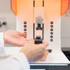 A close-up of the 3D-printed contact lens on the printing platform in University of Waterloo’s Tang Nanotechnology Lab.