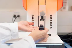 A close-up of the 3D-printed contact lens on the printing platform in University of Waterloo’s Tang Nanotechnology Lab.