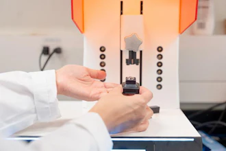 A close-up of the 3D-printed contact lens on the printing platform in University of Waterloo’s Tang Nanotechnology Lab.