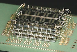 A stacked die assembly with waterfall wirebonds produced at Promex. Packing multiple die vertically within a tight mechanical envelope requires every material and process variable — spacer thickness, die attach film bondline, wire bond arc height — to be engineered as a system, not selected independently.