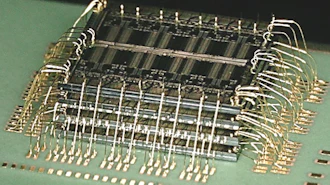 A stacked die assembly with waterfall wirebonds produced at Promex. Packing multiple die vertically within a tight mechanical envelope requires every material and process variable — spacer thickness, die attach film bondline, wire bond arc height — to be engineered as a system, not selected independently.