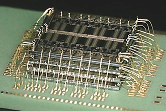 A stacked die assembly with waterfall wirebonds produced at Promex. Packing multiple die vertically within a tight mechanical envelope requires every material and process variable — spacer thickness, die attach film bondline, wire bond arc height — to be engineered as a system, not selected independently.