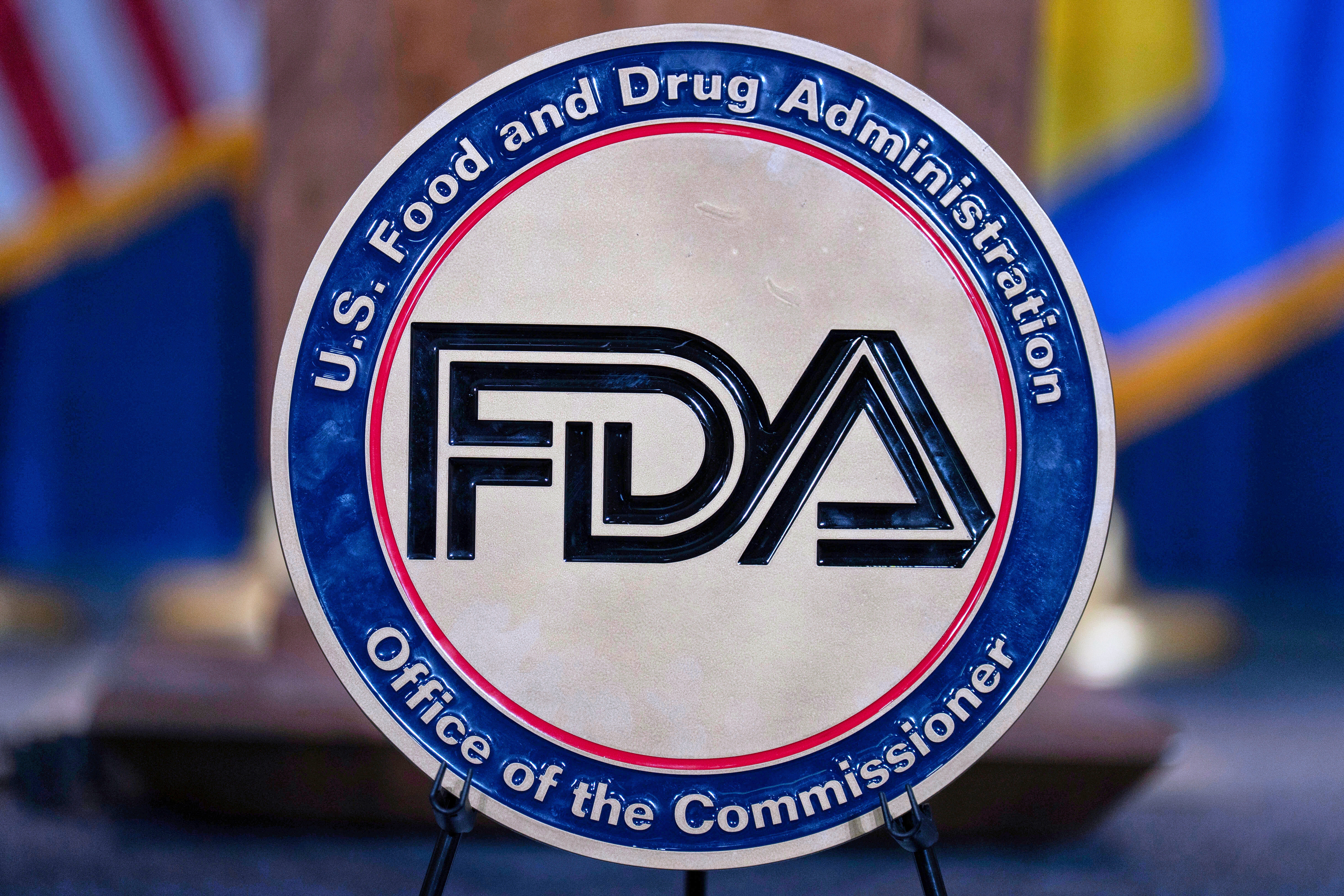 The Food and Drug Administration seal is seen at the Hubert Humphrey Building Auditorium in Washington, April 22, 2025.