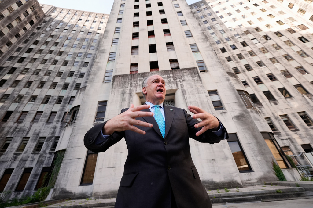 Tulane University president Michael A. Fitts talks outside the old Charity Hospital building Wednesday, Aug. 19, 2026, in New Orleans.