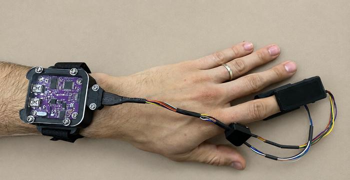 A prototype of the ChromaSense pulse oximeter, which can read accurate blood oxygen saturation levels regardless of skin tone, age, and other factors that often introduce errors in many devices used in clinics today.