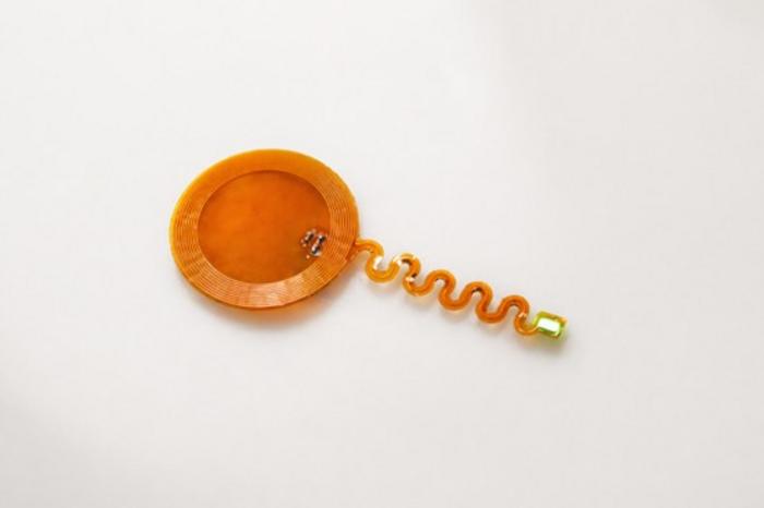 The wireless implantable flexible microsystem developed in this study to enable localized light delivery for photodynamic therapy.
