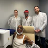 The first patient enrolled in the CANSCAN trial undergoes scanning with the VxWave Ultrasound Imaging System, a robotic tomographic ultrasound platform designed for on-demand upper-limb vascular imaging within the dialysis clinic.