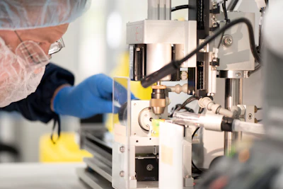 Lubrizol employee performs an assembly operation during the manufacturing process of a medical device component.