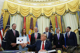 President Donald Trump speaks as South Dakota Gov. Larry Rhoden, from left, Arkansas Gov. Sarah Huckabee Sanders, Mehmet Oz, administrator of the Centers for Medicare & Medicaid Services, Health and Human Services Secretary Robert F. Kennedy Jr., Mississippi Gov. Tate Reeves and Abe Sutton, director of the Center for Medicare and Medicaid Innovation, listen during an event about healthcare in the Oval Office of the White House, Friday Sept. 18, 2026, in Washington.