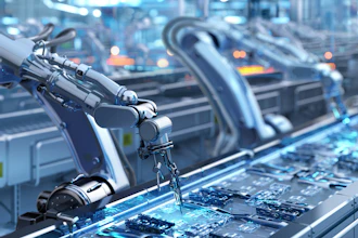 Robotic arms assembling circuit boards in a high-tech manufacturing facility with blue lighting