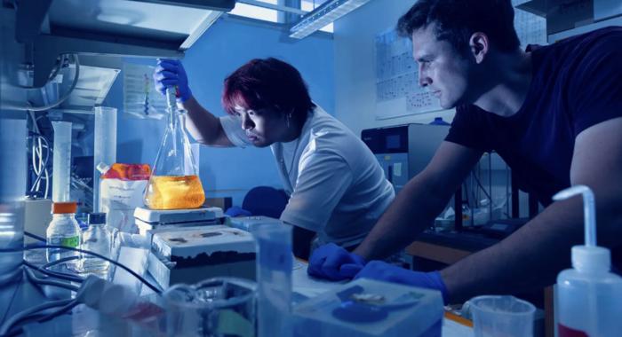 Undergraduate Collin Vergel de Dios inoculates a culture to purify optogenetic proteins under the guidance of graduate student Alex Maynard.