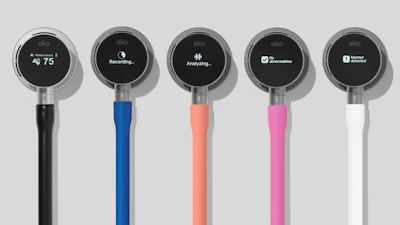 Five Eko handheld devices with colored handles displaying different functions: temperature, recording, analyzing, documentation, and learning modes.