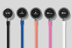 Five Eko handheld devices with colored handles displaying different functions: temperature, recording, analyzing, documentation, and learning modes.