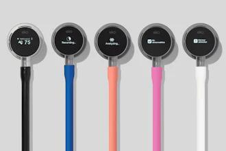Five Eko handheld devices with colored handles displaying different functions: temperature, recording, analyzing, documentation, and learning modes.