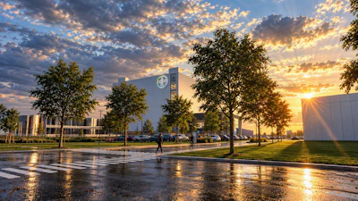 Modern corporate campus at sunset with wet pavement, trees, and contemporary buildings under dramatic golden sky