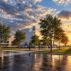 Modern corporate campus at sunset with wet pavement, trees, and contemporary buildings under dramatic golden sky