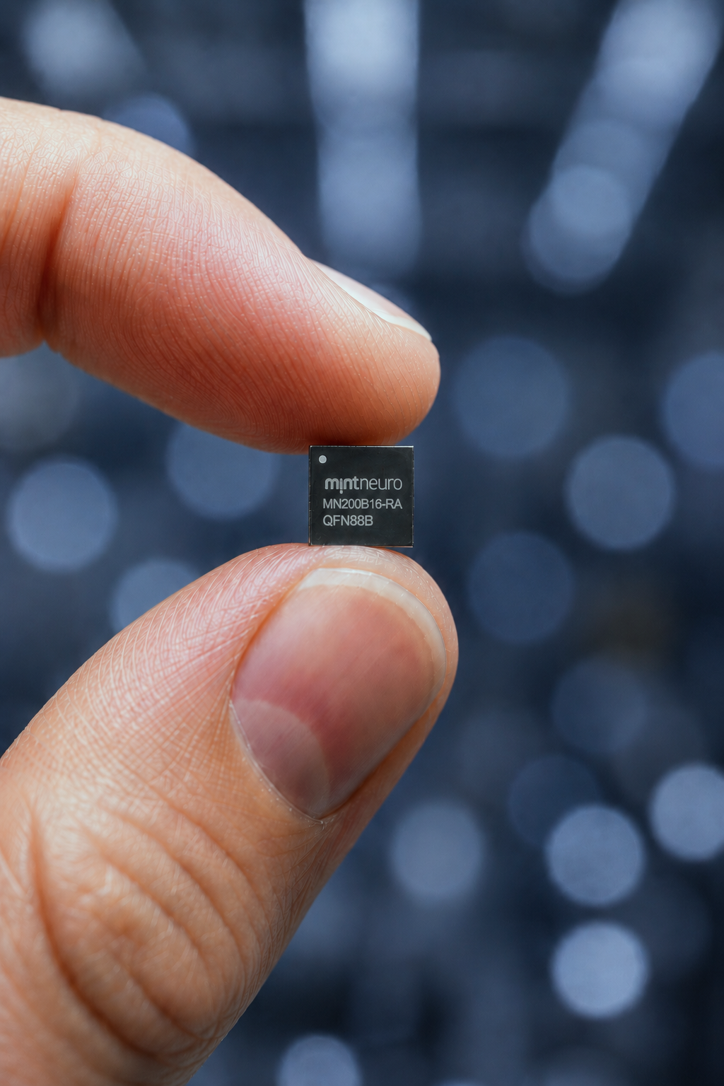 MintNeuro microchip held between fingertips displaying model number MN200816-RA