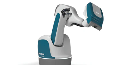 Stäubli collaborative robotic arm with teal and white design featuring articulated joints and gripper end-effector