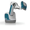 Stäubli collaborative robotic arm with teal and white design featuring articulated joints and gripper end-effector