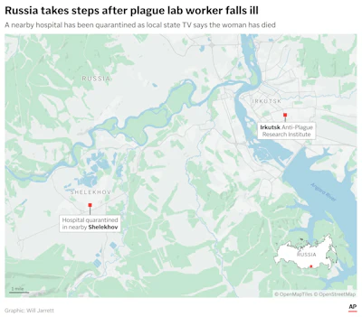 Map of Russia showing Irkutsk Anti-Plague Research Institute and quarantined hospital in Shelekhov following plague lab worker illness