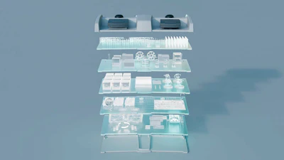 Exploded view of organized laboratory equipment and supplies in transparent compartments with blue accents