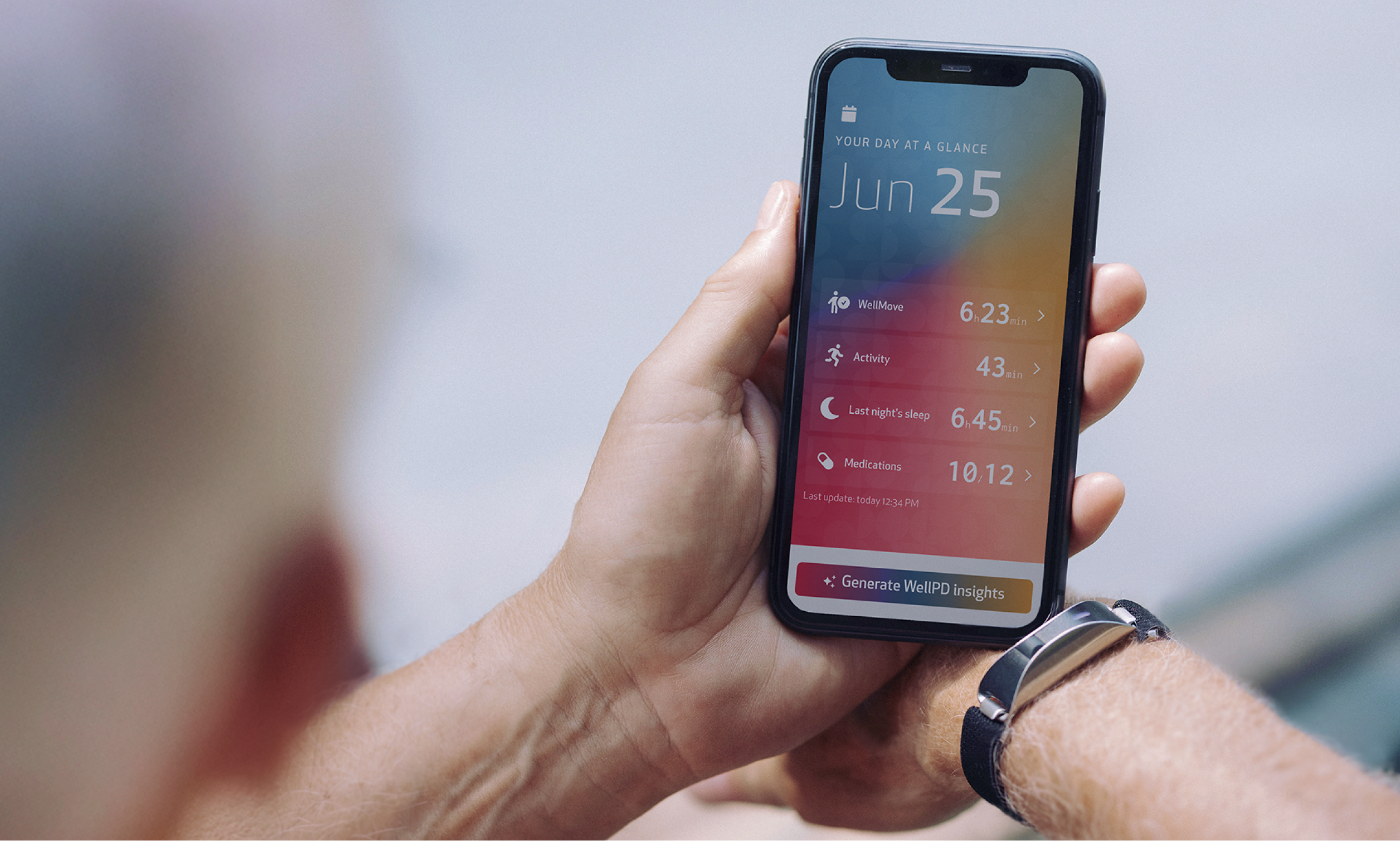 Person holding smartphone displaying daily health metrics including steps, activity, sleep tracking, and meditation data with date June 25