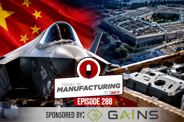 Today in Manufacturing Episode 288 promotional graphic featuring military aircraft, Chinese flag, Pentagon building, and GAINS sponsor logo