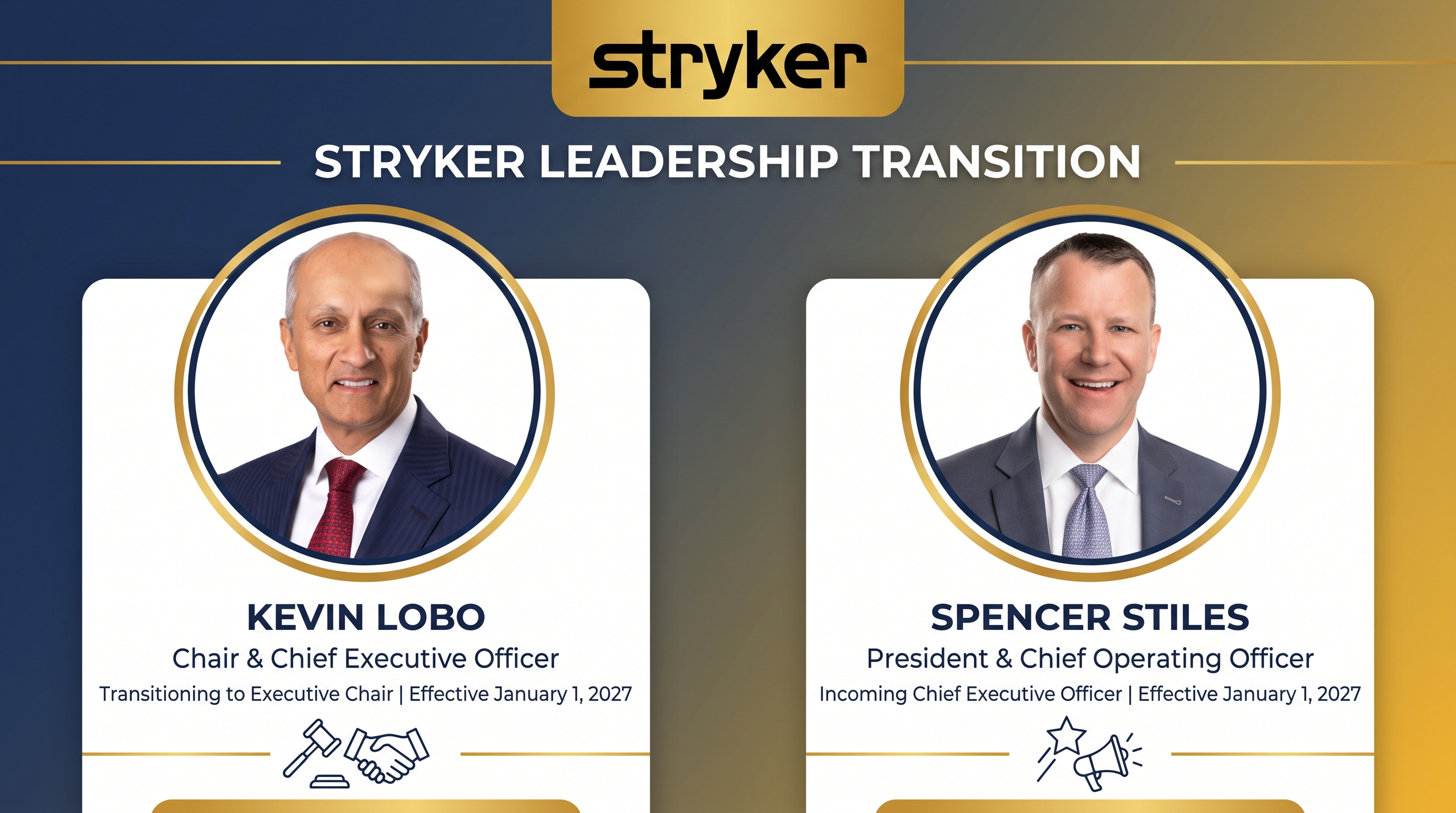 Stryker leadership transition announcement featuring Kevin Lobo transitioning to Executive Chair and Spencer Stiles as incoming Chief Executive Officer, effective January 1, 2027