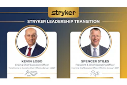 Stryker leadership transition announcement featuring Kevin Lobo transitioning to Executive Chair and Spencer Stiles as incoming Chief Executive Officer, effective January 1, 2027