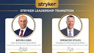 Stryker leadership transition announcement featuring Kevin Lobo transitioning to Executive Chair and Spencer Stiles as incoming Chief Executive Officer, effective January 1, 2027