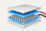 Exploded view diagram of mechanical keyboard switch layers showing white top cap, blue housing, gray switch stem, and electrical connectors