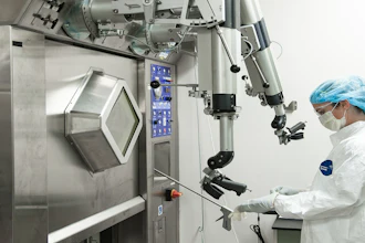Surgeon in sterile attire operating advanced robotic surgical system with articulated arms and control interface