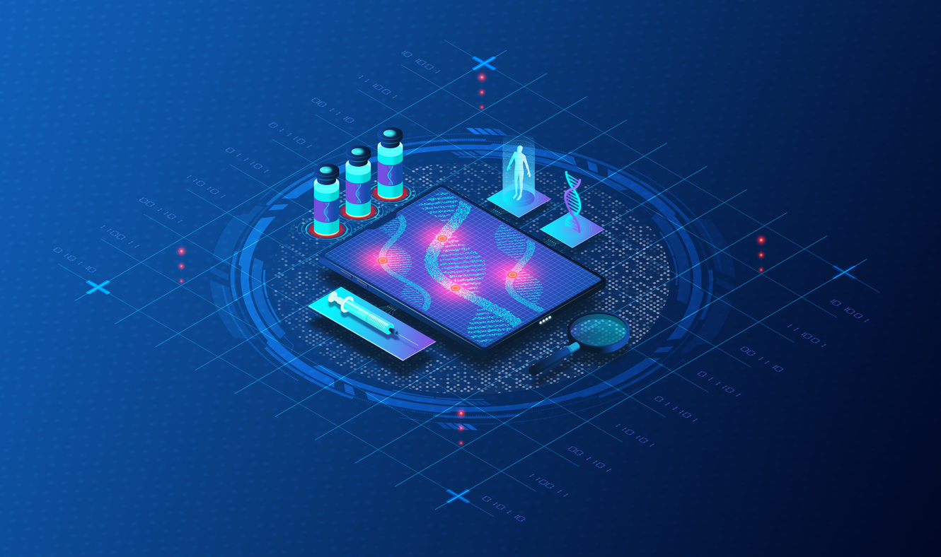 Isometric digital analytics dashboard with glowing data visualization on smartphone and holographic charts on blue tech background
