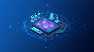 Isometric digital analytics dashboard with glowing data visualization on smartphone and holographic charts on blue tech background