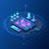 Isometric digital analytics dashboard with glowing data visualization on smartphone and holographic charts on blue tech background