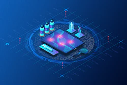 Isometric digital analytics dashboard with glowing data visualization on smartphone and holographic charts on blue tech background