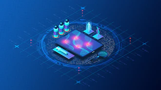 Isometric digital analytics dashboard with glowing data visualization on smartphone and holographic charts on blue tech background