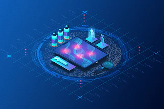 Isometric digital analytics dashboard with glowing data visualization on smartphone and holographic charts on blue tech background