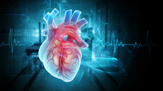 Glowing anatomical heart illustration with transparent layers and heartbeat waveform on blue medical background
